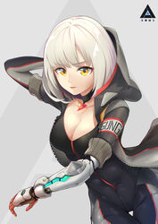  bad_id bad_pixiv_id blonde_hair bodysuit breasts choker cleavage female grey_background highres hood hood_down jacket large_breasts looking_at_viewer mcg6 original parted_lips prosthesis prosthetic_arm science_fiction simple_background skin_tight sleeves_rolled_up yellow_eyes 