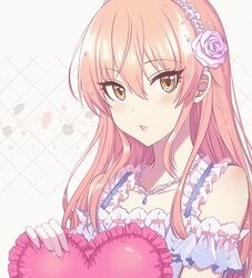  alternate_hairstyle blush brown_eyes brown_hair character_name collarbone female gloves haikimono_shounen hairband heart heart-shaped_pillow holding holding_pillow idolmaster idolmaster_cinderella_girls jewelry jougasaki_mika long_hair looking_at_viewer necklace parted_lips pillow solo upper_body white_gloves 