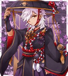  1boy adjusting_clothes adjusting_headwear alternate_costume artifact_(genshin_impact) bad_id bad_twitter_id black_choker black_gloves black_hat bridal_gauntlets choker cyno_(genshin_impact) dark-skinned_male dark_skin genshin_impact gloves hair_over_one_eye hat hutaba_29 jingasa long_hair long_sleeves looking_at_viewer male_focus orange_eyes rope shimenawa solo tassel white_hair wide_sleeves 