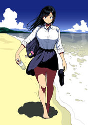  asymmetrical_bangs bag bare_legs barefoot beach black_footwear black_hair blue_eyes blue_skirt blue_sky bottle breasts cloud cloudy_sky collared_shirt commentary day dress_shirt drink female full_body holding holding_drink holding_shoes large_breasts long_hair looking_at_viewer miniskirt original outdoors parted_bangs parted_lips pleated_skirt school_bag school_uniform shirt shoes skirt sky sleeves_rolled_up solo standing straight_hair thighs unworn_shoes walking white_shirt wind youshu_ohepe 