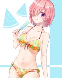  absurdres alternate_costume bare_arms bare_shoulders bikini breasts cleavage collarbone commentary_request fate/grand_order fate_(series) female gintama_10102 hair_over_one_eye highres holding looking_at_viewer mash_kyrielight navel orange_bikini purple_eyes short_hair solo swimsuit 