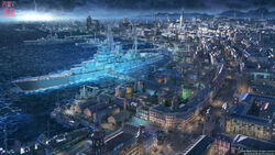  3d architecture arsenixc artist_name battleship building car city cityscape cloud cloudy_sky commentary company_name copyright_name copyright_notice crane_(machine) cruiser destroyer harbor highres horizon lightning logo military military_vehicle motor_vehicle nikki_(series) no_humans ocean official_art outdoors railroad_tracks rain scenery shining_nikki ship sky storm traffic warship water watercraft watermark 