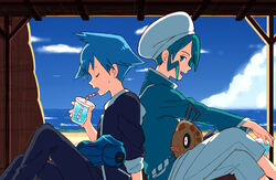  2boys back-to-back bad_id bad_twitter_id beldum black_pants closed_eyes cloud commentary_request cup day disposable_cup drinking_straw feebas green_eyes green_hair hat holding ittumozzz liquid long_sleeves male_focus multiple_boys on_lap open_mouth pants pokemon pokemon_(creature) pokemon_on_lap pokemon_rse sand shirt shore sitting sky smile steven_stone sweatdrop wallace_(pokemon) water 