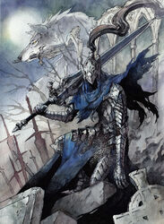  1boy animal arm_at_side armor arms_at_sides artorias_the_abysswalker bare_tree blue_capelet breastplate capelet commentary dark_souls_(series) dark_souls_i english_commentary faceless facing_viewer fantasy faulds field_of_blades fog full_armor gauntlets graveyard great_grey_wolf_sif greatsword greaves grey_wolf helmet highres holding holding_sword holding_weapon hood knight kutty_sark leg_armor moon mouth_hold night on_one_knee outdoors over_shoulder painting_(medium) pauldrons photoshop_(medium) planted planted_sword plate_armor plume profile shoulder_armor sword tombstone traditional_media tree watercolor_(medium) weapon wolf 