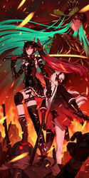  3girls absurdres alpha_(punishing:_gray_raven) ass asymmetrical_legwear black_dress black_hair black_jacket black_thighhighs breasts brown_eyes chinese_clothes cleavage colored_inner_hair crown dress earrings gradient_hair green_hair hair_between_eyes headgear headphones highres holding holding_sword holding_weapon horns jacket jewelry katana long_hair lucia:_crimson_abyss_(punishing:_gray_raven) lucia:_dawn_(punishing:_gray_raven) lucia_(punishing:_gray_raven) mechanical_arms mechanical_foot monologue_(tfrksg) multicolored_hair multiple_girls punishing:_gray_raven qu:_pavo_(punishing:_gray_raven) qu_(punishing:_gray_raven) red_eyes red_hair red_horns red_scarf scarf single_thighhigh small_breasts sword thighhighs weapon white_hair 