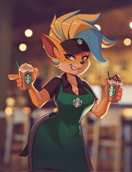  apron artist_name black_pants black_shirt blonde_hair blue_hair blurry blurry_background coffee crash_(series) cup depth_of_field female furry furry_female green_apron green_eyes highres holding holding_cup iced_coffee indoors magaska multicolored_hair official_alternate_hairstyle pants shirt short_sleeves solo starbucks tawna_bandicoot two-tone_hair watermark 