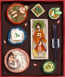  270_(woshizongg) 3girls absurdres asymmetrical_sleeves bathing black_hair bowl bracelet brown_eyes brown_hair carrot carrot_slice celery cherry_tomato chinese_commentary chopstick_rest chopsticks closed_eyes closed_mouth commentary covering_privates cucumber cucumber_slice cup daikon dress fetal_position food from_above fruit green_tea hair_bun hand_on_own_stomach highres in_bowl in_container in_food japanese_clothes jewelry kimono leaf lemon lemon_slice light_blush long_hair looking_up lying mini_person minigirl mismatched_sleeves miso_soup multiple_girls nude_cover on_back on_plate orange_kimono original parted_lips partially_submerged personification radish rice rice_bowl single_hair_bun sitting size_difference sleeping sleeveless sleeveless_dress smile socks soup tea tofu tomato white_dress wide_sleeves yunomi 