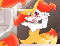  2019 ambiguous_gender anthro blush bodily_fluids braixen canid canine cheek_tuft chest_tuft facial_tuft fur generation_6_pokemon implied_transformation inner_ear_fluff mammal mirror moduckten navel nintendo open_mouth orange_body orange_fur pokemon pokemon_(species) raised_arms red_body red_eyes red_fur reflection solo spiral_pupils standing tears terner-chan_(moduckten) tuft yellow_body yellow_fur 