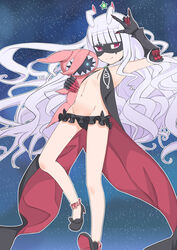  absurdres black_panties blunt_bangs eye_mask female flat_chest frilled_panties frills galaktika gauntlets highres holding holding_stuffed_toy horns hoshimiya_kate long_hair looking_at_viewer lowleg lowleg_skirt mask navel panties pantyhose purple_eyes revealing_clothes sekai_seifuku:_bouryaku_no_zvezda skirt sky smile solo star_(sky) starry_sky stock-world stuffed_toy underwear venera-sama very_long_hair wavy_hair white_hair 