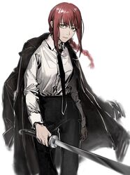  black_jacket black_necktie black_pants braid braided_ponytail breasts brown_hair business_suit chainsaw_man collared_shirt expressionless female formal high-waist_pants holding holding_sword holding_weapon jacket jacket_on_shoulders long_hair long_sleeves looking_at_viewer makima_(chainsaw_man) medium_breasts mingyue_0 necktie office_lady pants ringed_eyes serious shirt shirt_tucked_in solo suit sword unworn_jacket weapon white_background white_shirt yellow_eyes 