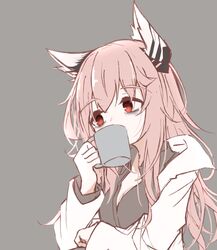  animal_ear_fluff animal_ears bad_id bad_pixiv_id bags_under_eyes black_shirt breasts cat_ears cat_girl cleavage collared_shirt commentary_request cup dress_shirt female girls&#039;_frontline grey_background hair_between_eyes highres holding holding_cup jacket long_hair long_sleeves matsuo_(matuonoie) medium_breasts mug open_clothes open_jacket persica_(girls&#039;_frontline) pink_hair red_eyes shirt simple_background solo upper_body very_long_hair white_jacket 