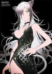  animal_ears arknights arm_strap bare_shoulders black_background black_choker black_dress black_theme breasts choker cleavage closed_mouth collarbone covered_navel dress female grey_hair hair_over_one_eye hand_on_own_hip highleg highleg_dress highres hip_vent large_breasts long_hair looking_at_viewer makkuro messy_hair panther_ears panther_tail schwarz_(arknights) sideboob sidelocks solo standing tail thigh_strap very_long_hair yellow_eyes 