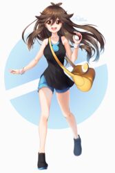  :d black_footwear black_shirt blue_shorts breasts brown_eyes brown_hair collarbone commentary_request female floating_hair full_body green_(pokemon) hair_between_eyes highres holding holding_poke_ball large_breasts long_hair looking_at_viewer nail_polish open_mouth pattikou pink_nails poke_ball poke_ball_(basic) poke_ball_print pokemon pokemon_lgpe shirt short_shorts shorts sleeveless sleeveless_shirt smile solo standing twitter_username very_long_hair white_background wristband yellow_bag 