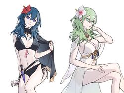  bikini black_bikini blue_eyes blue_hair breasts byleth_(female)_(fire_emblem) byleth_(female)_(summer)_(fire_emblem) byleth_(fire_emblem) cleavage closed_mouth clovisxvii commentary_request cosplay crossed_legs dagger enlightened_byleth_(female) female fire_emblem fire_emblem:_three_houses fire_emblem_heroes flower from_side green_eyes green_hair hair_flower hair_ornament highres knife looking_to_the_side multiple_views official_alternate_costume parted_lips rhea_(fire_emblem) rhea_(fire_emblem)_(cosplay) rhea_(summer)_(fire_emblem) sheath sheathed simple_background swimsuit weapon white_background 