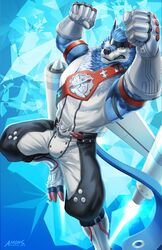  amon-sydonai anthro bandai_namco biceps canid canine canis championship_belt claws digimon digimon_(species) eyewear flying hi_res jet_pack machgaogamon male mammal mecha_fist muscular muscular_anthro muscular_male scar solo sunglasses wolf 