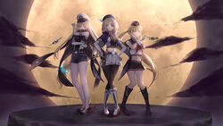  3girls b-25_mitchell battle_tendency beret black_footwear black_legwear blonde_hair blue_eyes boots cartonbox_(zhixiang_zhi) check_commentary chinese_commentary commentary_request crop_top elbow_gloves enterprise_(warship_girls_r) eyepatch f4f_wildcat full_moon garrison_cap gloves hands_on_own_hips hat hornet_(warship_girls_r) jojo_no_kimyou_na_bouken jojo_pose long_hair low-tied_long_hair midriff moon multiple_girls navel parody partial_commentary peaked_cap ponytail pose school_uniform serafuku short_hair warship_girls_r white_footwear x_arms yorktown_(warship_girls_r) 