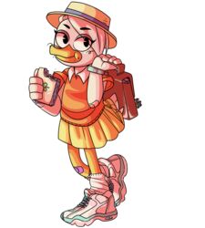  alpha_channel anatid anseriform anthro avian bag bandage bandaged_arm bird bottomwear clothing disney doritofalls duck ducktales ducktales_(2017) female food footwear hat headgear headwear hi_res lena_(ducktales) sandwich_(food) shirt shoes skirt socks solo tail_under_skirt topwear 