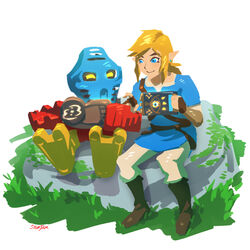  2boys bionicle blonde_hair blue_eyes boots champion&#039;s_tunic_(zelda) crossover fingerless_gloves gloves highres kanohi_(bionicle) link mask moss multiple_boys pointy_ears robot rock sheikah_slate stup-jam takua_(bionicle) the_legend_of_zelda the_legend_of_zelda:_breath_of_the_wild the_lego_group trait_connection tunic yellow_eyes 