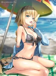  ayakawa_riku barefoot bikini black_bikini black_bow black_scrunchie blonde_hair blue_jacket blurry blurry_background bow braid braided_ponytail breasts cleavage clothes_down cloud collarbone commentary_request day fate/grand_order fate_(series) female food frilled_bikini frills front-tie_bikini_top front-tie_top hair_ornament hair_scrunchie hairbow holding holding_food ice_cream jacket jeanne_d&#039;arc_(fate) jeanne_d&#039;arc_(swimsuit_archer)_(fate) jeanne_d&#039;arc_(swimsuit_archer)_(first_ascension)_(fate) long_hair looking_at_viewer navel ocean outdoors parasol print_bikini scrunchie single_braid sitting solo swimsuit tongue tongue_out umbrella underboob very_long_hair wariza 