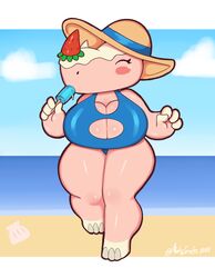  absurd_res animal_crossing anthro beach big_breasts blush blush_stickers breasts cleavage_cutout clothing cutout female food food_hair fruit hat headgear headwear hi_res hooves mammal mehdrawings merengue_(animal_crossing) nintendo plant popsicle pseudo_hair rhinoceros sea_salt_ice_cream seaside solo strawberry sun_hat swimwear thick_thighs 