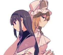  2girls akemi_homura akemi_homura_(magical_girl) back-to-back black_hair commentary_request dress hairband hat long_hair magical_girl mahou_shoujo_madoka_magica mahou_shoujo_oriko_magica mikuni_oriko mizuki_(flowerlanguage) multiple_girls purple_eyes shako_cap veil white_dress 