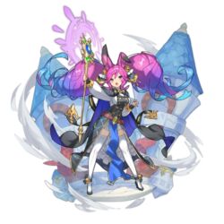  animal_ear_fluff animal_ears bell blue_hair breasts cape cleo_(dragalia_lost) dragalia_lost female full_body gradient_hair hair_bell hair_ornament high_heels large_breasts long_hair magic multicolored_hair non-web_source official_art open_clothes open_mouth open_shirt pink_hair purple_eyes purple_hair rabbit_ears saitou_naoki solo staff tabard thighhighs transparent_background twintails white_thighhighs wind 