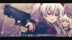  2girls :d azur_lane bache_(azur_lane) bangs bare_shoulders black_headwear black_sailor_collar black_shirt blonde_hair blush bow collarbone crossover demon_horns evo_grim eyebrows_visible_through_hair finger_on_trigger fingernails grey_hair grim_aloe gun hair_between_eyes highres holding holding_gun holding_weapon honami_(yths4221) horns letterboxed long_hair long_sleeves looking_at_viewer multiple_girls oerba_yun_fang open_mouth outstretched_arm purple_eyes quiz_magic_academy quiz_magic_academy_the_world_evolve red_bow red_eyes sailor_collar shirt sig_sauer sig_sauer_p226 sleeveless sleeveless_shirt smile teardrop tilted_headwear translation_request twintails very_long_hair weapon weapon_request 