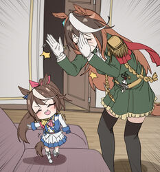  2girls absurdres animal_ears black_thighhighs boots brown_hair clapping closed_eyes commentary dancing doting_parent epaulettes gloves green_skirt high_ponytail highres horse_ears horse_girl horse_tail indoors jalhanda_jalhanda_naesaekki!!!!!_(meme) knee_boots korean_commentary long_hair meme metro_(jbcman0198) miniskirt multicolored_hair multiple_girls parody photo-referenced single_epaulette skirt streaked_hair symboli_rudolf_(umamusume) tail thighhighs tokai_teio_(umamusume) two-tone_hair umamusume white_footwear white_gloves white_hair zettai_ryouiki 