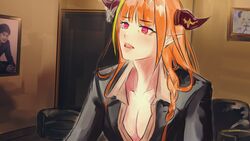  asacoco baka_mitai_(meme) breasts cleavage collarbone commentary_request dragon_girl female highres hololive horns hyde_(tabakko) indoors kiryu_coco large_breasts lips long_hair meme music orange_hair oxygen_mask parody picture_frame pointy_ears ryuu_ga_gotoku_(series) ryuu_ga_gotoku_0 singing tsunomaki_watame twitter_username virtual_youtuber yagoo 