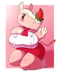  absurd_res animal_crossing anthro big_breasts breasts clothing female food food_hair fruit gesture hi_res hooves kneeling mammal mehdrawings merengue_(animal_crossing) nintendo plant pseudo_hair rhinoceros solo strawberry thick_thighs uniform waving 