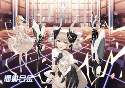  1boy 2girls aliasing bianca:_veritas_(grace)_(punishing:_gray_raven) bianca_(punishing:_gray_raven) black_gloves blonde_hair chrome:_arclight_(golden_days)_(punishing:_gray_raven) chrome:_arclight_(punishing:_gray_raven) chrome_(punishing:_gray_raven) dress edge_edge floating floating_object floating_weapon gloves grey_hair liv:_lux_(florescence)_(punishing:_gray_raven) liv_(punishing:_gray_raven) long_hair multiple_girls ponytail punishing:_gray_raven short_hair white_dress wings yellow_eyes 