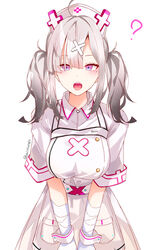  ? absurdres ahoge apron bandages belt blush breasts commentary_request cowboy_shot dress eyes_visible_through_hair female gloves grey_hair hair_ornament hair_over_one_eye hat highres hikari_yui large_breasts long_hair looking_at_viewer mole mole_under_eye nijisanji nurse nurse_cap open_mouth pocket purple_eyes sharp_teeth short_sleeves simple_background solo sukoya_kana sukoya_kana_(1st_costume) teeth tongue tongue_out twintails twitter_username virtual_youtuber white_apron white_background white_belt white_dress white_gloves white_wrist_cuffs wrist_cuffs x_hair_ornament 