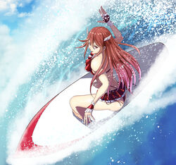  ass bikini bikini_skirt brown_eyes brown_hair cordelia_(fire_emblem) cordelia_(summer)_(fire_emblem) female fire_emblem fire_emblem_awakening floating_hair frilled_bikini frills gradient_hair hair_between_eyes hair_ornament layered_skirt long_hair microskirt multicolored_hair open_mouth pink_hair red_bikini red_skirt side-tie_bikini_bottom skirt solo standing sukkirito_(rangusan) surf surfboard swimsuit very_long_hair wrist_cuffs 