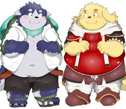  2020 anthro armor belly black_nose blush canid canine canis clothing cu_sith_(tas) domestic_dog duo harima hi_res hoodie kemono lifewonders male mammal overweight overweight_male poketalesof scarf simple_background tamacolle tokyo_afterschool_summoners topwear white_background 