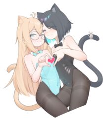  2boys ;) absurdres animal_ears black_hair black_legwear blonde_hair blue_eyes cat_boy cat_ears cat_tail character_request covered_navel eyes_visible_through_hair glasses heart heart_hands heart_hands_duo heterochromia highres indie_virtual_youtuber kittysuit long_hair looking_at_viewer male_focus multiple_boys nontraditional_playboy_bunny one_eye_closed otoko_no_ko pantyhose peachyp purple_eyes round_eyewear short_hair simple_background smile tail virtual_youtuber white_background yooni_(vtuber) 