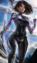  alita android battle_angel_alita black_bodysuit black_hair blue_sky bodysuit brown_eyes cloud cloudy_sky covered_navel cowboy_shot female from_below hand_up holding holding_sword holding_weapon izhardraws outdoors parted_lips robot short_hair signature sky solo sword weapon 