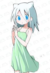  absurdres blue_eyes blush collarbone cowboy_shot dress efra-chan female green_dress hair_between_eyes hair_horns hands_up highres looking_at_viewer medium_hair moneko_(null-meta) null-meta own_hands_together parted_lips patterned_background short_dress sleeveless sleeveless_dress solo spaghetti_strap steepled_fingers takada_shiyuki white_background white_hair 