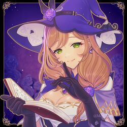  black_gloves book breasts cleavage closed_mouth commentary earrings female flower genshin_impact gloves green_eyes hair_flower hair_ornament hands_up hat highres holding holding_book jewelry karanashi_mari light_brown_hair lisa_(genshin_impact) long_hair looking_at_viewer medium_breasts purple_flower purple_hat purple_rose rose smile solo upper_body witch_hat 