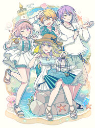  2boys 2girls bird bird_on_hand blonde_hair blue_eyes bubble canary commentary_request coral dress green_hair hairband hat highres hitopm index_finger_raised jewelry kamishiro_rui kanaria_wa_kyuukyou_ni_utau_(project_sekai) kusanagi_nene lighthouse long_hair long_sleeves multicolored_hair multiple_boys multiple_girls necklace official_alternate_costume ootori_emu pink_eyes pink_hair project_sekai purple_eyes purple_hair rock seagull seashell shell shirt short_sleeves sidelocks standing standing_on_one_leg starfish streaked_hair sun_hat tenma_tsukasa water white_dress white_shirt wonderlands_x_showtime_(project_sekai) yellow_eyes 