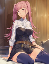  bed belt blunt_bangs blush breasts commentary_request dress female fire_emblem fire_emblem:_three_houses head_tilt highres hilda_valentine_goneril large_breasts long_hair looking_at_viewer on_bed pink_hair purple_thighhighs sajittari shadow sitting smile solo thighhighs twintails zettai_ryouiki 