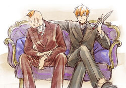  2boys aged_down blue_eyes couch dual_persona formal holding holding_weapon knife kobutya4696 larten_crepsley multiple_boys red_hair scar short_hair sitting smile suit the_saga_of_darren_shan the_saga_of_larten_crepsley time_paradox weapon 