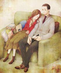  1boy ariadne_(inception) arthur_(inception) bad_id bad_pixiv_id book cardigan couch cushion female inception science_fiction sleeping sola_(414lilyope) 