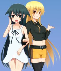  2girls :3 :d ashikaga_chachamaru bad_id bad_pixiv_id belt black_eyes black_hair black_thighhighs blonde_hair blue_background brown_eyes company_connection crossover dress hand_in_own_hair locked_arms long_hair midriff multiple_girls nase navel nitroplus open_mouth photoshop_(medium) saya_(saya_no_uta) saya_no_uta shirt shorts skirt sleeveless sleeveless_dress smile soukou_akki_muramasa thighhighs white_skirt 