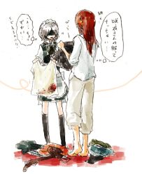  2girls bad_id bad_pixiv_id braid check_translation grey_hair headdress hong_meiling izayoi_sakuya kurau_kii long_hair maid multiple_girls red_hair short_hair touhou translated translation_request twin_braids 