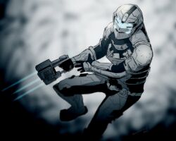  1boy armor assault_visor blue_visor commentary dead_space dead_space_2 english_commentary gb_(doubleleaf) gun helmet holding holding_gun holding_weapon isaac_clarke male_focus photoshop_(medium) plasma_cutter science_fiction solo spacesuit weapon zero_gravity 