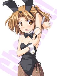  animal_ears arm_up armpits brown_eyes brown_hair commentary_request female fishnet_pantyhose fishnets flat_chest magnifying_glass masakichi_(crossroad) oerba_yun_fang pantyhose playboy_bunny rabbit_ears short_hair sister_princess solo twintails yotsuba_(sister_princess) 