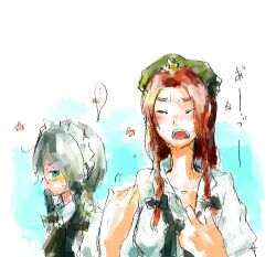  2girls bad_id bad_pixiv_id blush braid grey_hair headdress hong_meiling izayoi_sakuya kurau_kii long_hair maid multiple_girls red_hair short_hair touhou twin_braids 