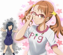  2girls 3_3 adjusting_eyewear anjou_naruko ano_hi_mita_hana_no_namae_wo_bokutachi_wa_mada_shiranai. blue_hair borrowed_clothes breasts commentary_request creap_(creapkun) eyewear_switch flower glasses long_hair medium_breasts multiple_girls one_eye_closed orange_eyes orange_hair over-rim_eyewear red-framed_eyewear school_uniform semi-rimless_eyewear shirt t-shirt tsurumi_chiriko twintails 