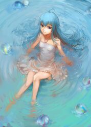  ahoge bare_legs bare_shoulders blue_eyes blue_hair bubble charimei commentary_request denpa_onna_to_seishun_otoko dress female from_above legs long_hair looking_up partially_submerged sitting solo sundress touwa_erio water wet wet_clothes white_dress 