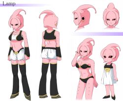  alien bikini black_sclera breasts colored_sclera colored_skin commentary_request dragon_ball dragon_ball_online earrings epe-tohri female female_majin jewelry jitome medium_breasts monster_girl multiple_views pink_skin red_eyes swimsuit thighhighs 